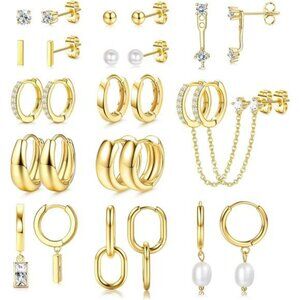 Gold Hoop Earrings Set Women 13 Pairs Huggie Stud Pearl Dangle Lightweight